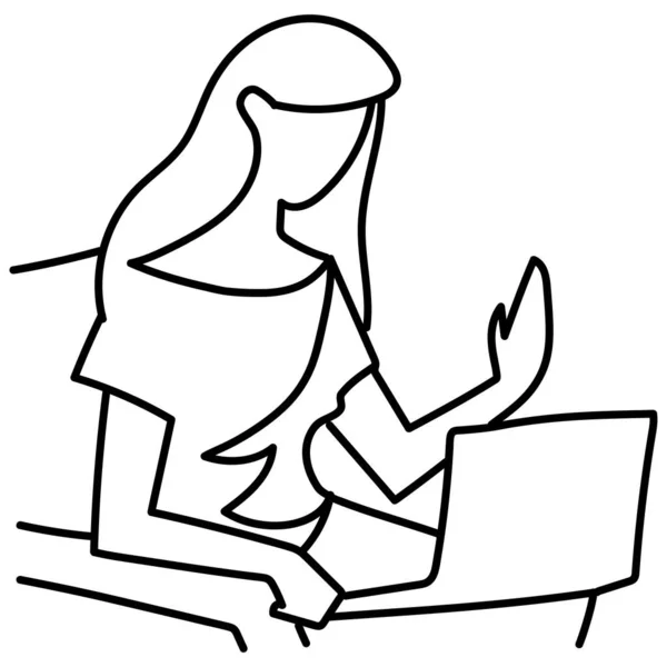 Femme avec ordinateur portable de travail, style ligne continue — Image vectorielle