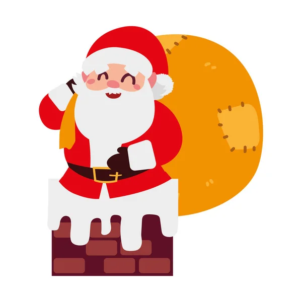 Christmas santa claus with gifts bag in the chimney cartoon character — Stock Vector