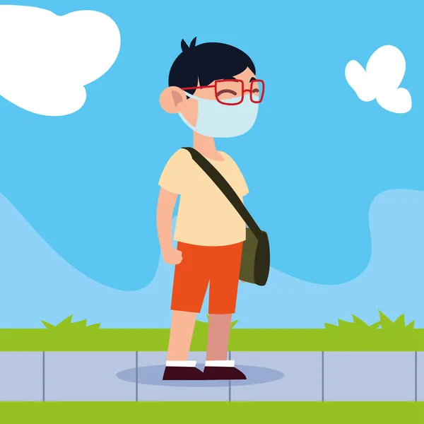 Tillbaka till skolan för ny normal, student söt pojke med mask och väska — Stock vektor