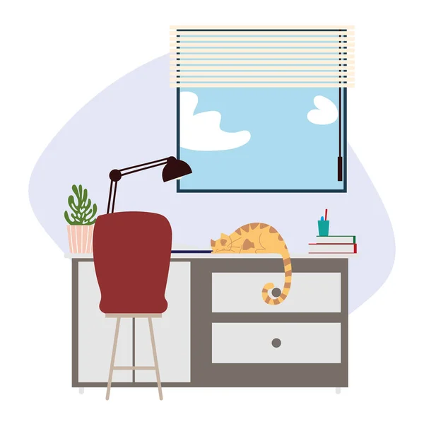 Espaço de trabalho em casa com mesa cadeira lâmpada e gato — Vetor de Stock