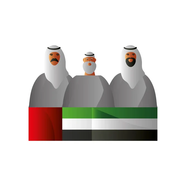 Día Nacional de los EAU, grupo de hombres con ropa tradicional y bandera — Vector de stock