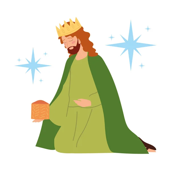 Рождество, яслях Мельхиор мудрый король с подарком мультфильм — стоковый вектор