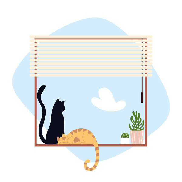 cats sitting on window with blinds and potted plant