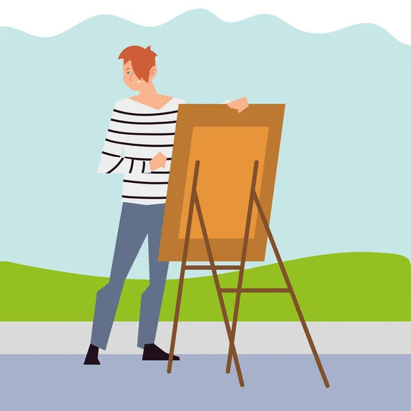 Jeune homme peignant avec toile dans le parc — Image vectorielle