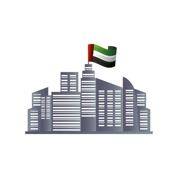 Emiratos Árabes Unidos Día Nacional, ciudad de campo con bandera en torre — Vector de stock