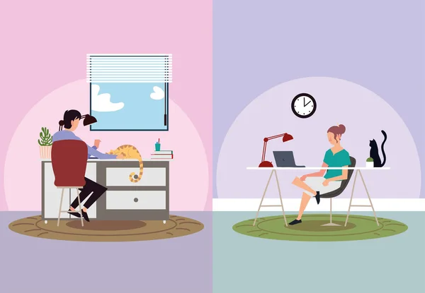 Δραστηριότητες εσωτερικού χώρου, άνδρας και γυναίκα που εργάζονται σε φορητό υπολογιστή, διαμονή στο σπίτι — Διανυσματικό Αρχείο