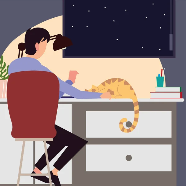 Mulher com gato na mesa com vista janela noite cena — Vetor de Stock