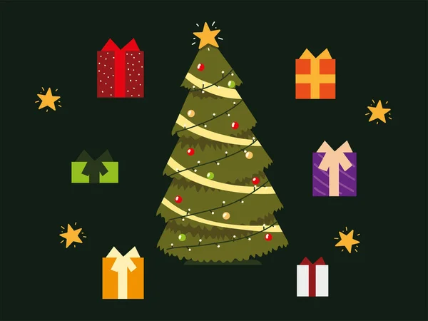 Los iconos de la fiesta de Navidad celebrando la temporada incluyen árboles y cajas de regalo — Vector de stock