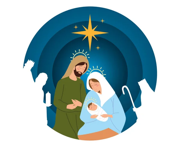 Kerststal, kribbe scene joseph Mary baby Jezus en wijze koningen in silhouet kaart — Stockvector