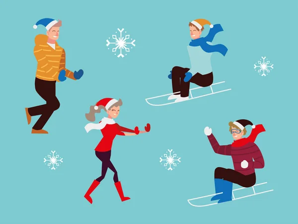 Vánoce lidé, muži na koni sáně, šťastný muž a žena sezóna zima — Stockový vektor
