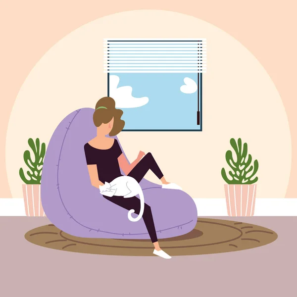 Jeune femme avec chat assis sur la chaise se reposant — Image vectorielle