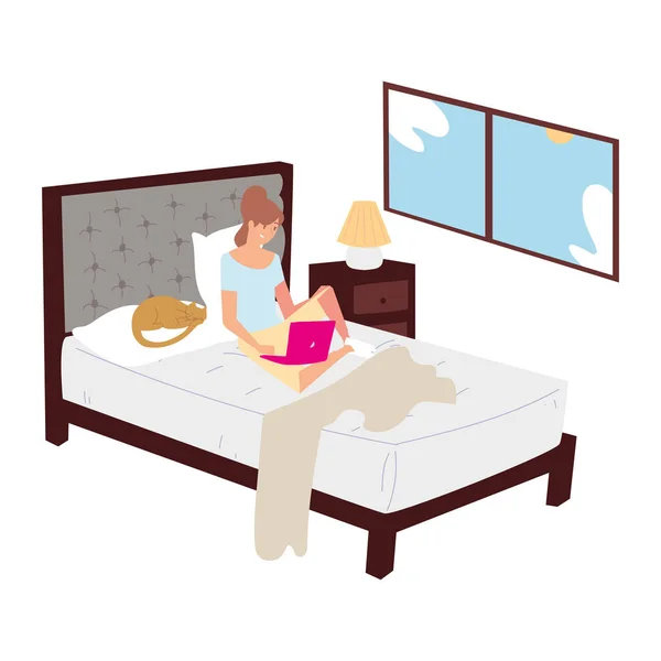 Woman working with laptop in the bedroom home — Stock Vector