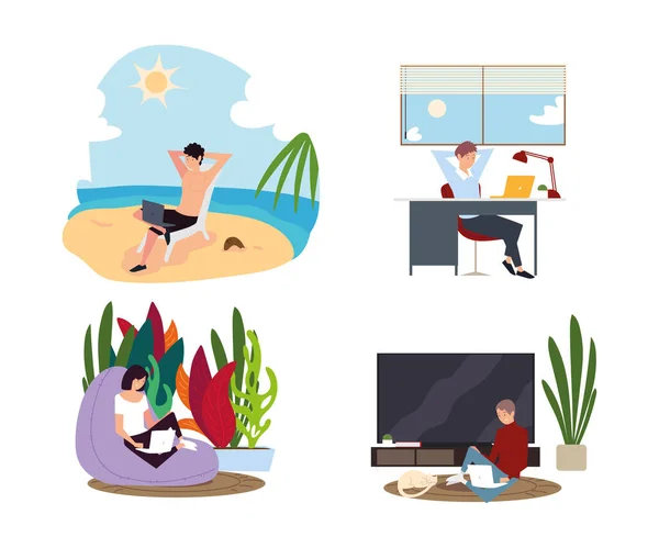 Άτομα που εργάζονται σε διαφορετικό χώρο, περιλαμβάνουν παραλία, δωμάτιο και γραφείο — Διανυσματικό Αρχείο
