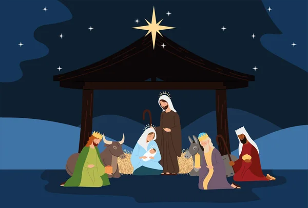Kerststal, kribbe scène heilige familie wijze koningen os ezel in de nacht — Stockvector