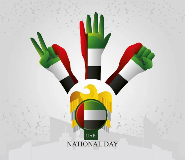 Dia Nacional dos Emirados Árabes Unidos, bandeiras em mãos diferentes design de pássaro e crachá —  Vetores de Stock