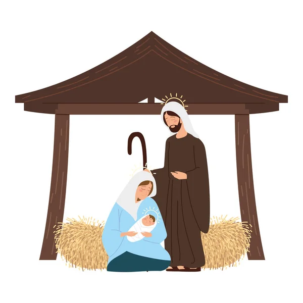 Natividad, pesebre María escena con el bebé Jesús y Joseph en la cabaña — Vector de stock