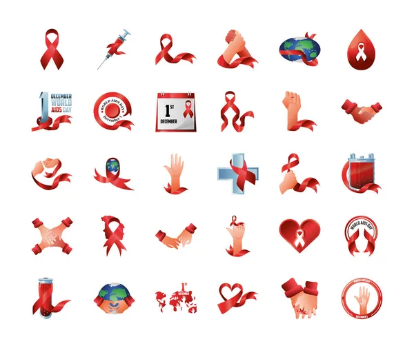 Día mundial de ayudas, establecer iconos con la conciencia de la cinta de sangre manos planeta calendario y más — Vector de stock