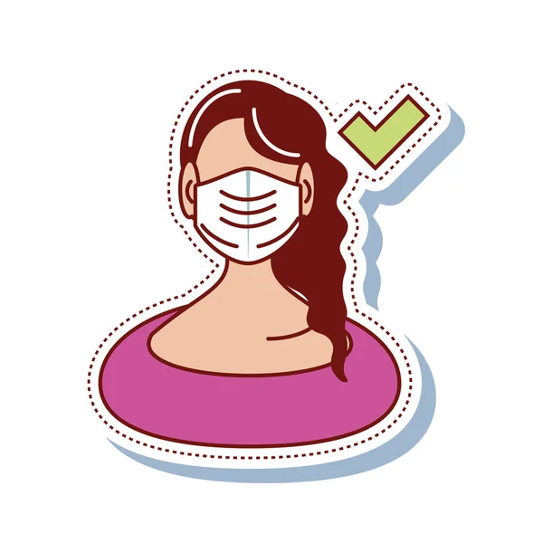 Coronavirus covid 19, žena na sobě lékařské masky nálepka ikona — Stockový vektor