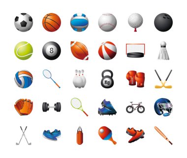 Spor atı basketbol, futbol, tenis, badminton beyzbol ve daha fazlası beyaz arka planda detaylı.