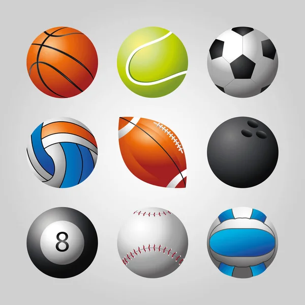 Basketball, Fußball, Bowling Bälle Sport Equiment Detaildesign Symbole Set — Stockvektor