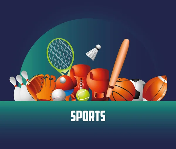 Sport, tävlingsspel tillbehör och sportkläder detaljerad design — Stock vektor