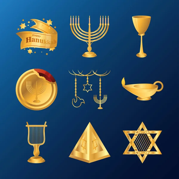 Hanukkah, conjunto de iconos planos de ceremonia tradicional judía — Vector de stock