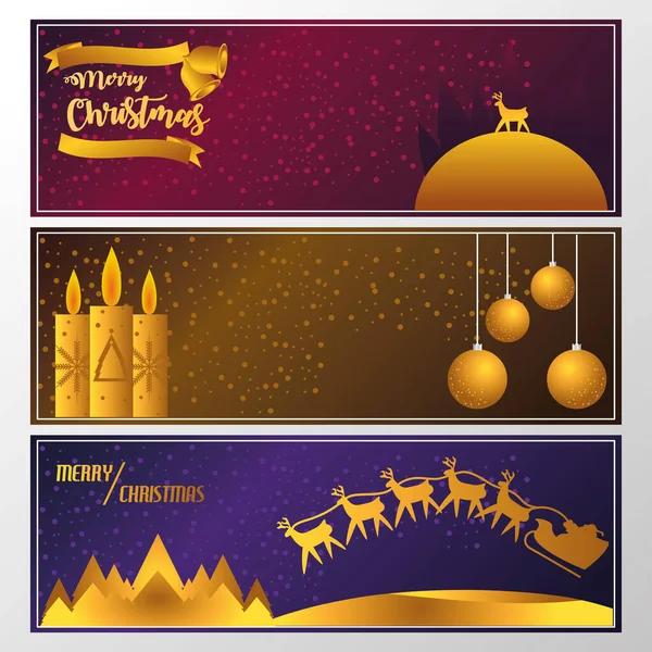 Счастливого Рождества, множество баннеров с золотыми свечами, шарами и Сантой — стоковый вектор