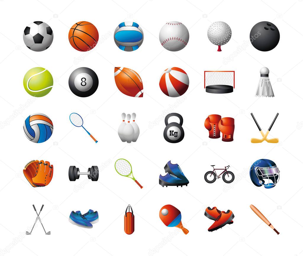 sport equiment basketball, football, tennis, badminton baseball and more on white background detailed