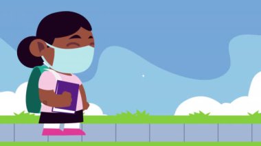 Konuşma balonlu tıbbi maske takan afro küçük kız.