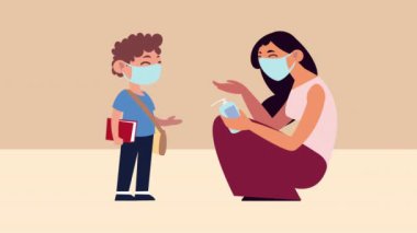 Tıbbi maskeler takan küçük bir öğrenci ve kadın antibakteriyel sabun karakterleri kullanıyor.