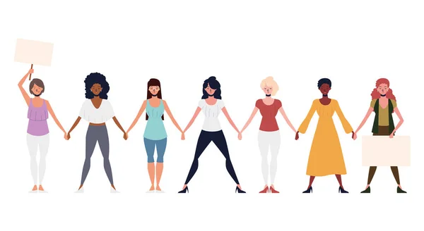 女孩权力，团体女性角色牵着手 — 图库矢量图片