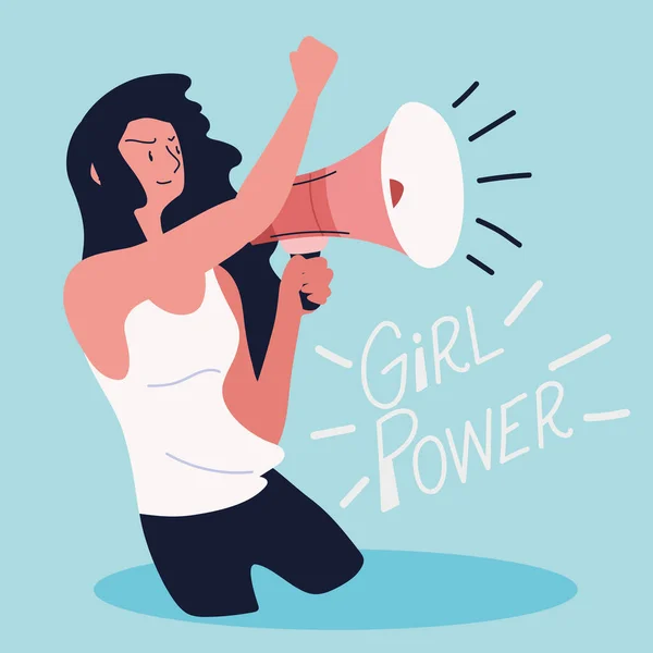 Kekuatan gadis, wanita dengan megaphone aktif - Stok Vektor