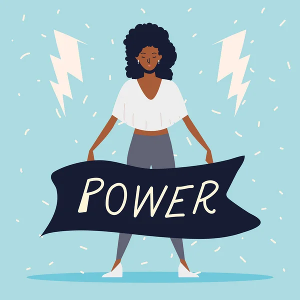 Kekuatan gadis, afro american wanita dengan pesan kekuasaan di pita - Stok Vektor