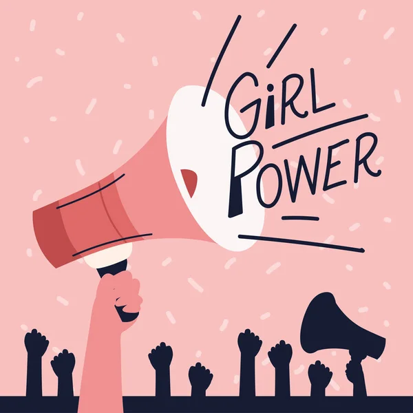Poder de la chica, megáfono levantó las manos feminismo — Archivo Imágenes Vectoriales