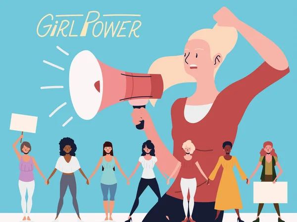 Kekuatan gadis, wanita penyiar dengan megaphone dan kelompok perempuan berpegangan tangan - Stok Vektor