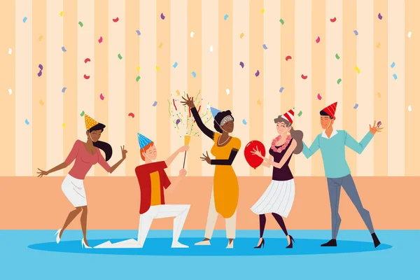 Groep vrolijke mensen vieren verjaardagsfeest — Stockvector