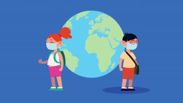 Little students couple wearing medical masks with earth planet — Stock Video