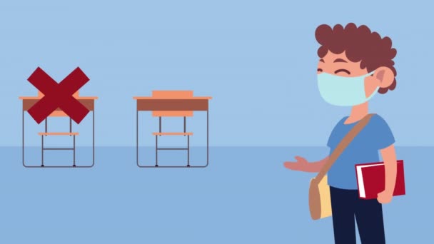 Kleiner Student Junge trägt medizinische Maske Charakter und verwenden Stühle Methode — Stockvideo