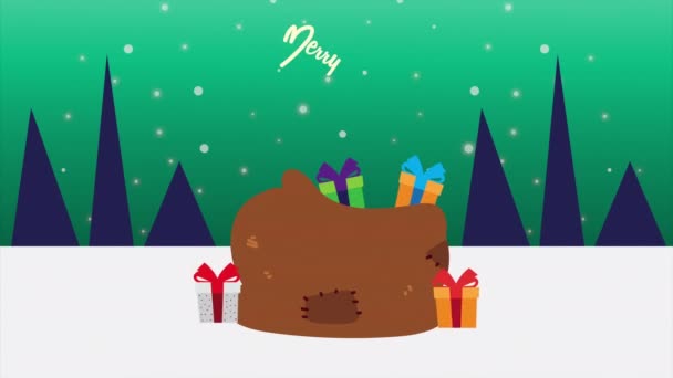 Gelukkig vrolijk kerstmis belettering animatie met kerstman geschenken zak — Stockvideo