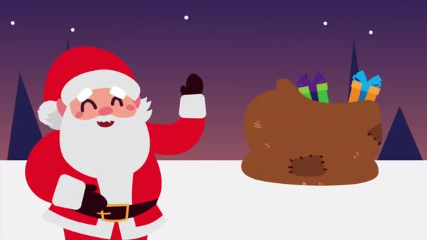 Heureux joyeux noël animation avec santa claus et sac cadeaux dans le paysage de neige — Video