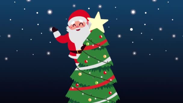 Gelukkig vrolijk kerstfeest animatie met kerstman in dennenboom — Stockvideo