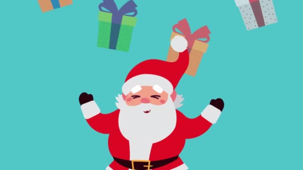 Gelukkig vrolijk kerstfeest animatie met kerstman en geschenken regen — Stockvideo