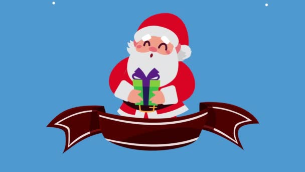 Gelukkig vrolijk kerstmis animatie met santa tillen geschenk — Stockvideo