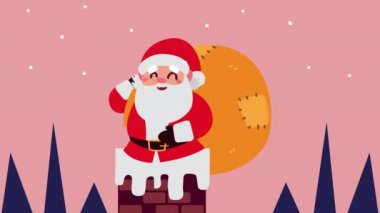 Mutlu noel animasyonları Noel Baba ve hediye çantası bacada.