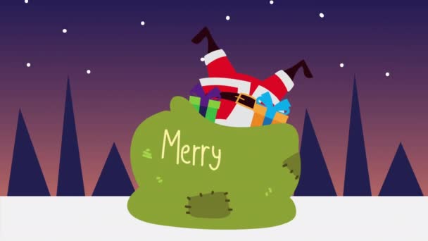 Feliz feliz animación navideña con santa claus en bolsas de regalo — Vídeos de Stock