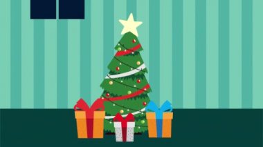 Mutlu noel animasyonları Çam ağacı ve hediyelerle