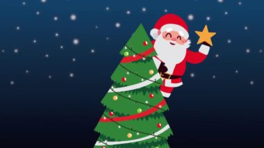 Mutlu noel animasyonları Noel Baba ve hediye ağaçta