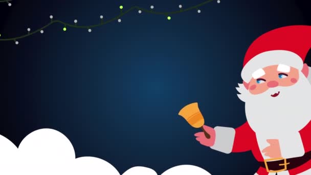 Feliz feliz animación navideña con Santa Claus tocando la campana en las nubes — Vídeo de stock