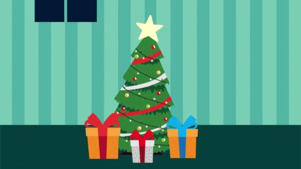 Feliz feliz animación navideña con pino y regalos — Vídeos de Stock
