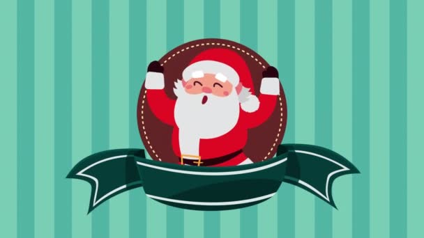 Happy merry christmas animation with santa claus in ribbon frame — Stock Video